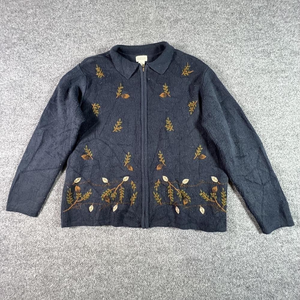 Classic Elements Cardigan Sweater Women's XL Blue Acrylic Leaf Print Full-Zip